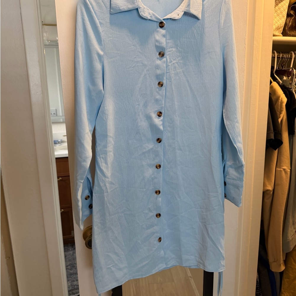 Light Blue Button-Front Tunic Shirt Dress